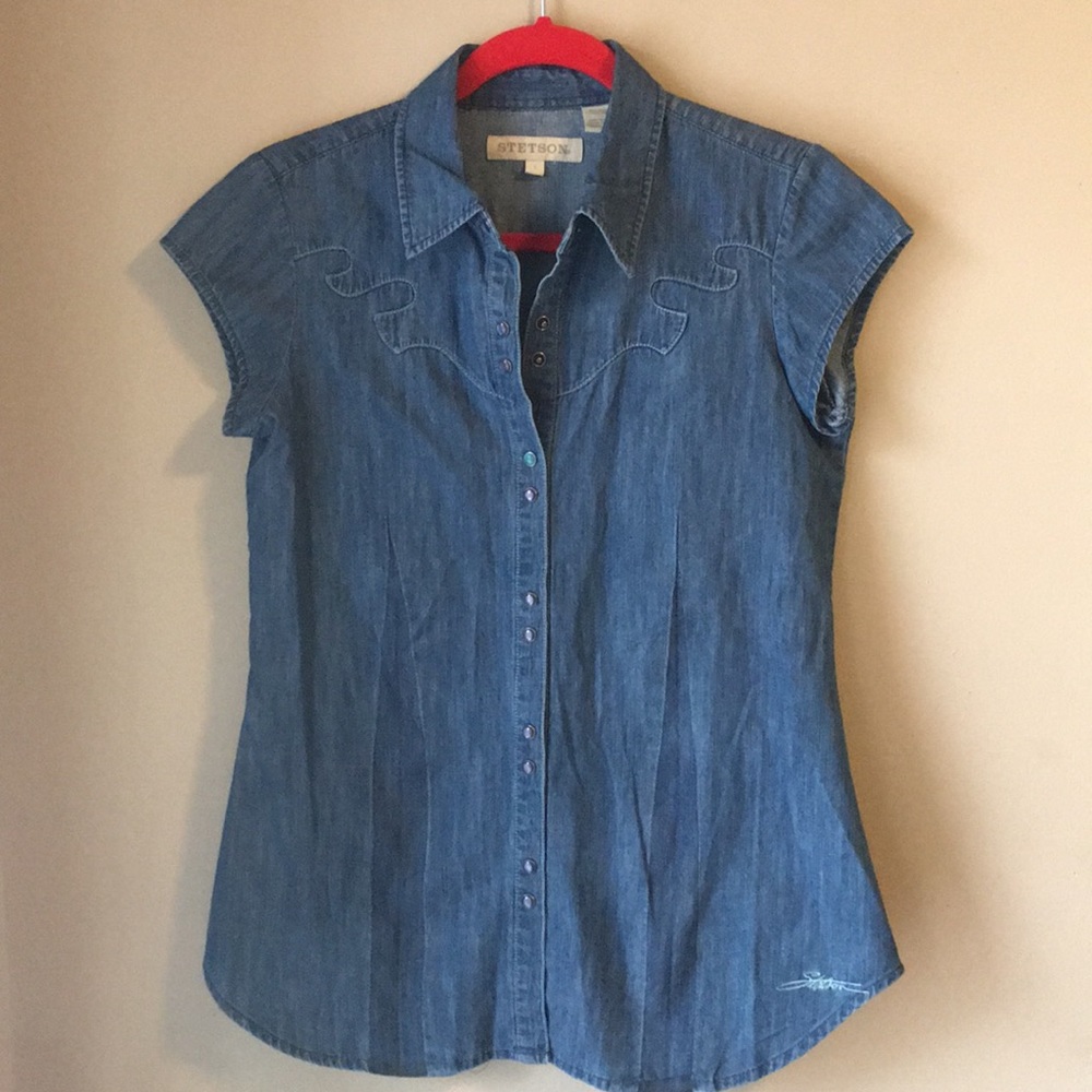 Stetson Authentic Cap Sleeve Denim Snap Blouse